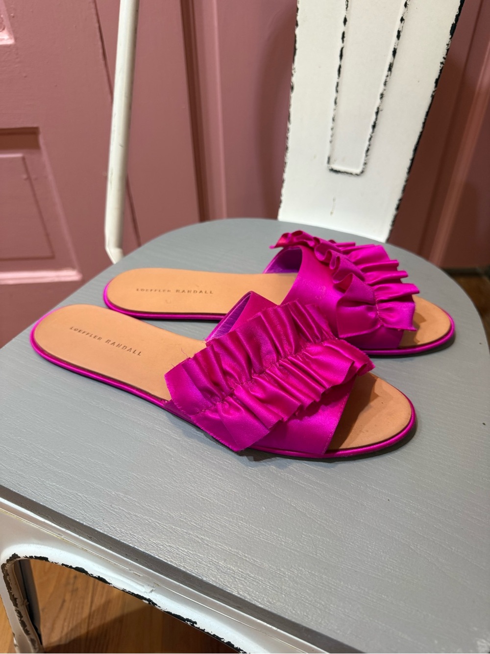 Loeffler Randall Fuchsia Ruffle Satin Slide Mules